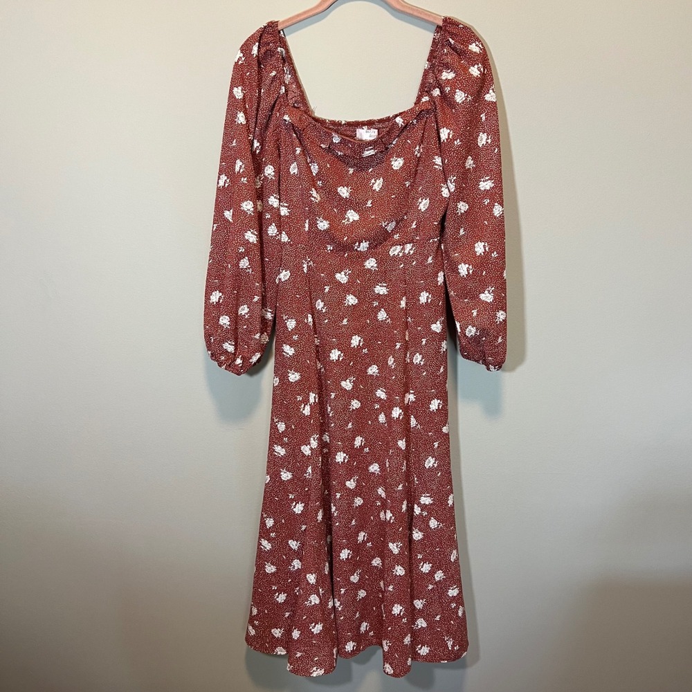 Dizzy Lizzy Rust Floral Polka Dot Puff Sleeve Square Neck Midi Dress Women's M